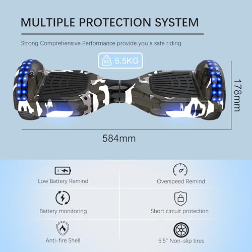 RCB Hoverboards for Kids and Adults 6.5 inch, Segways with Bluetooth - Speaker - Colorful LED Lights, Hover Board Gift for Kids and Teenager