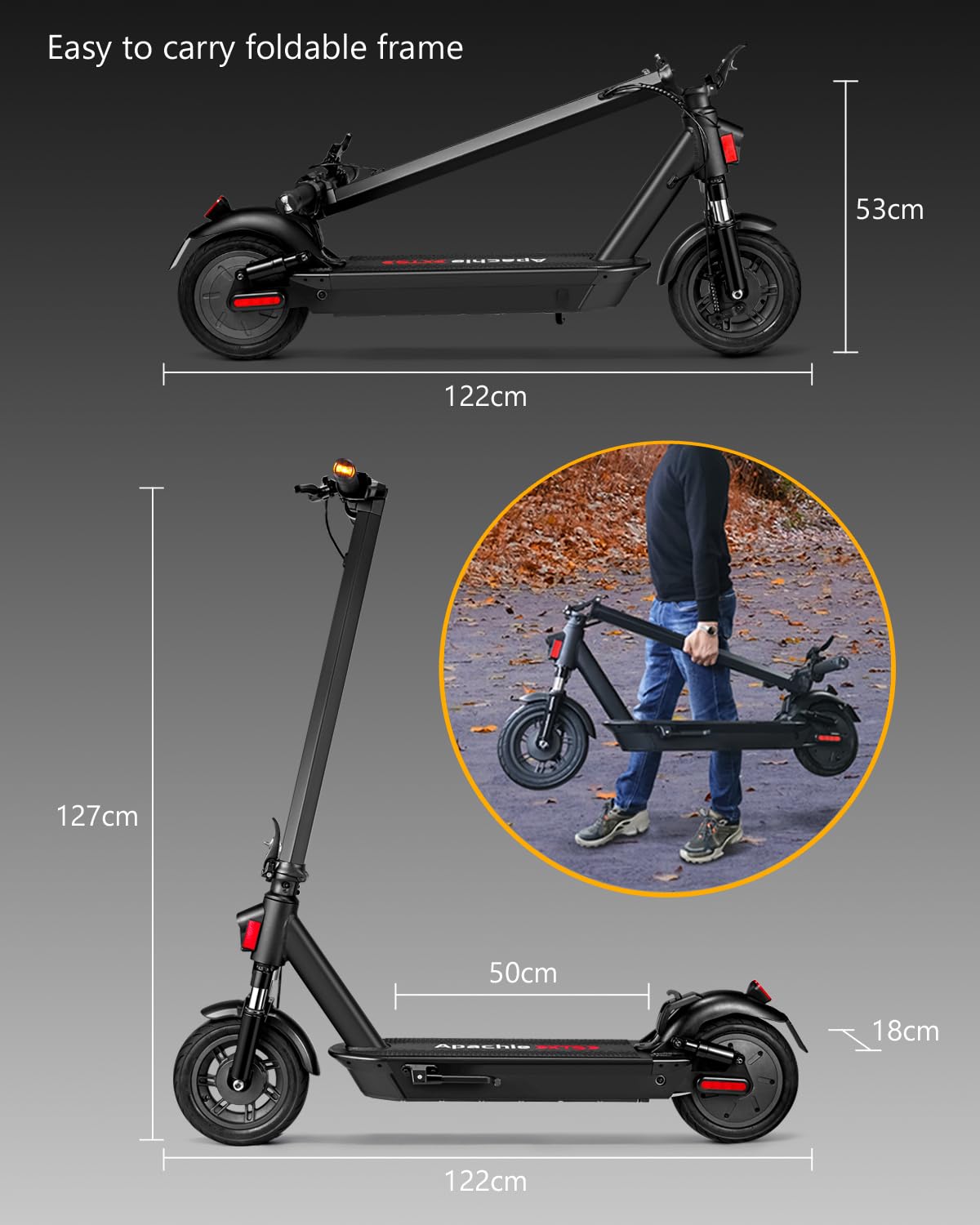 Apachie XTS Adult Electric Scooter, 500W Powerful Motor, 45km Long Range, Quadruple Shock Absorbing Suspension, 10 Inch Wheels, APP Control, Dual Braking System, Bluetooth Connectivity