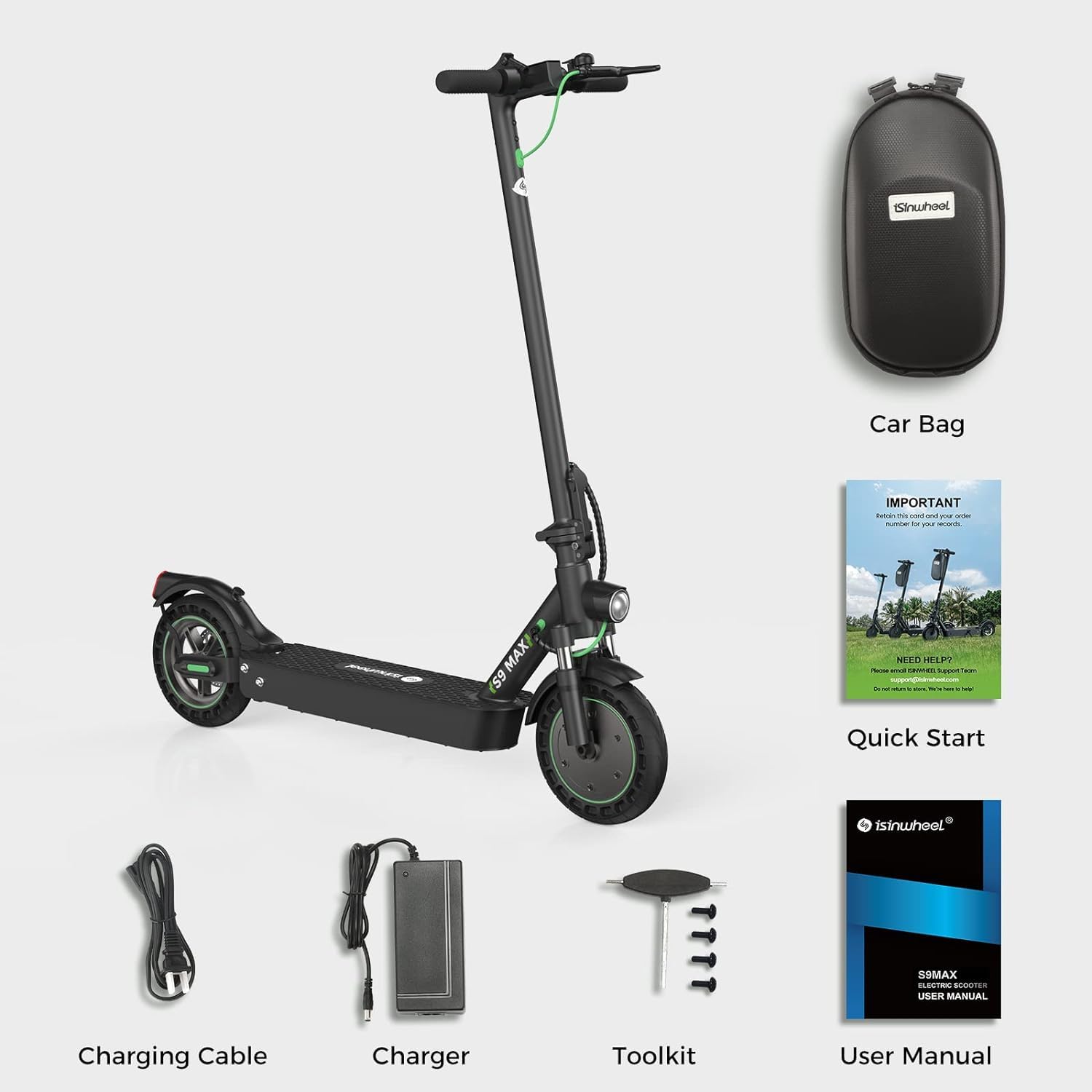 isinwheel S9MAX Electric Scooter, 500W Motor Peak 8OO Electric Scooters Adult with Bag, 10â Solid Honeycomb Tire E Scooter, 40km Long Range, 3 Speed Modes with App Control, Doual Braking System
