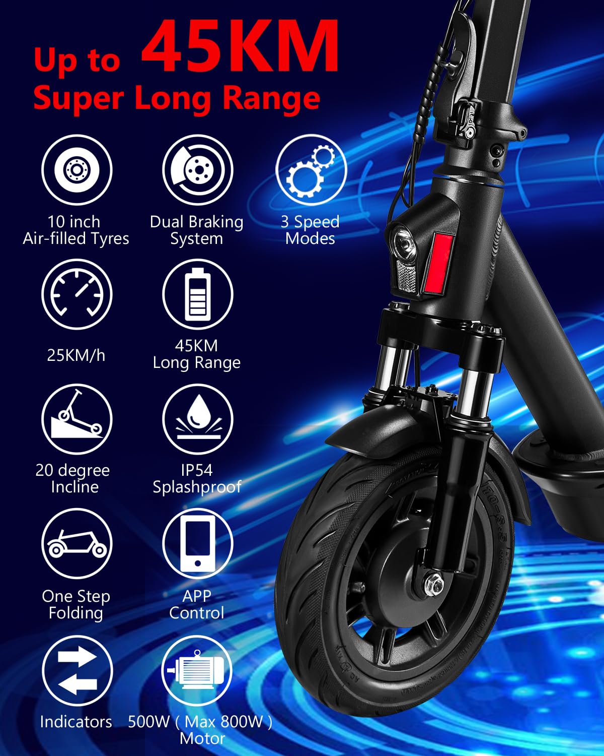 Apachie XTS Adult Electric Scooter, 500W Powerful Motor, 45km Long Range, Quadruple Shock Absorbing Suspension, 10 Inch Wheels, APP Control, Dual Braking System, Bluetooth Connectivity