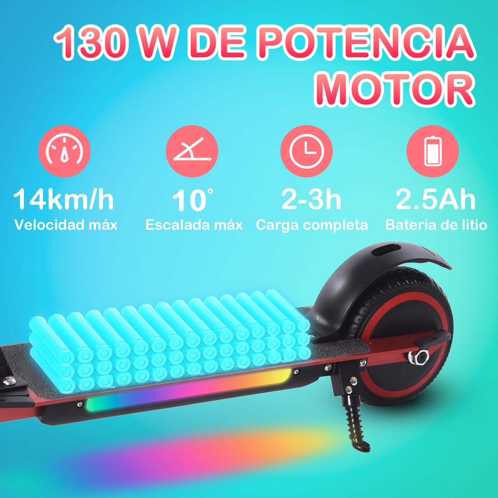 E-RIDES Electric Scooter,6.5'' Foldable Electric Scooter,Colorful Lights Kids Electric Scooters Max 8Mph,3-5 Miles of Range,Electric Scooter Kids LED Display,Shock Absorbing Comfort E Scooter (RED)