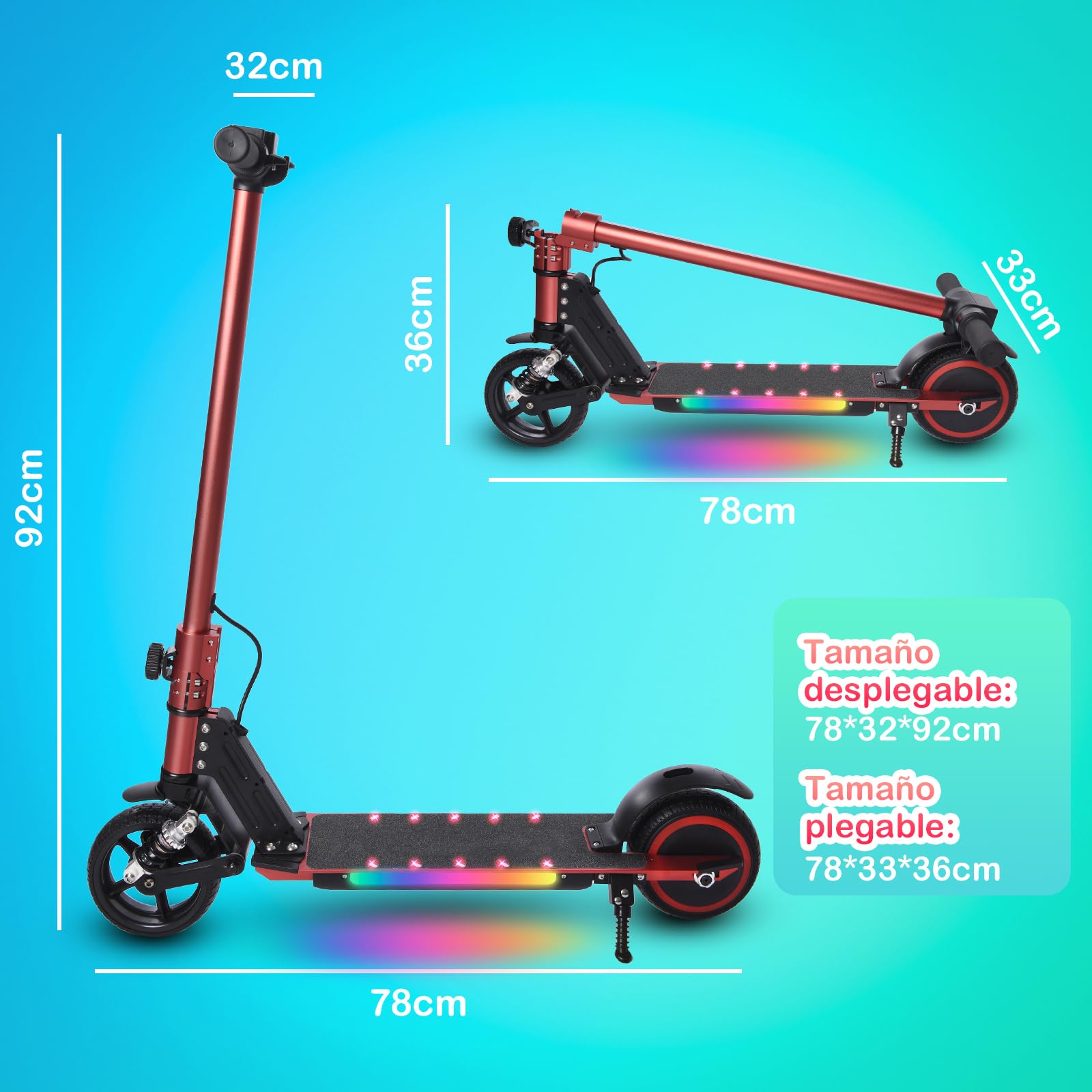 E-RIDES Electric Scooter,6.5'' Foldable Electric Scooter,Colorful Lights Kids Electric Scooters Max 8Mph,3-5 Miles of Range,Electric Scooter Kids LED Display,Shock Absorbing Comfort E Scooter (RED)