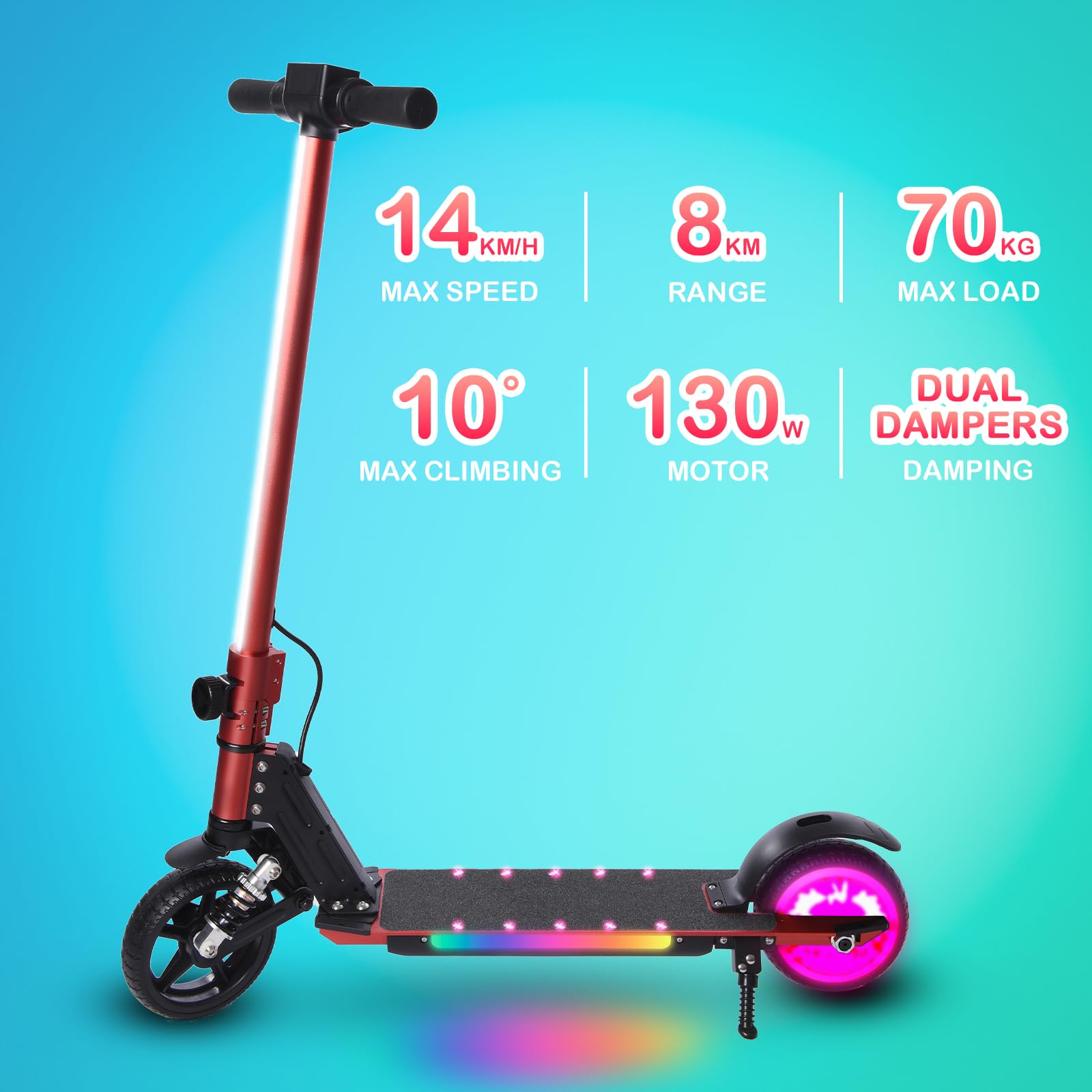 E-RIDES Electric Scooter,6.5'' Foldable Electric Scooter,Colorful Lights Kids Electric Scooters Max 8Mph,3-5 Miles of Range,Electric Scooter Kids LED Display,Shock Absorbing Comfort E Scooter (RED)