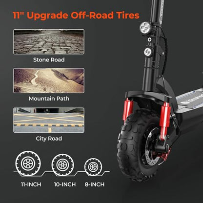 isinwheel Electric Scooter, 11" Electric Scooters Adult Off-road Tires, 45 km Long Range Adult Electric Scooter, 3 Speed Modes with Smart LCD Display Fast E-Scooter