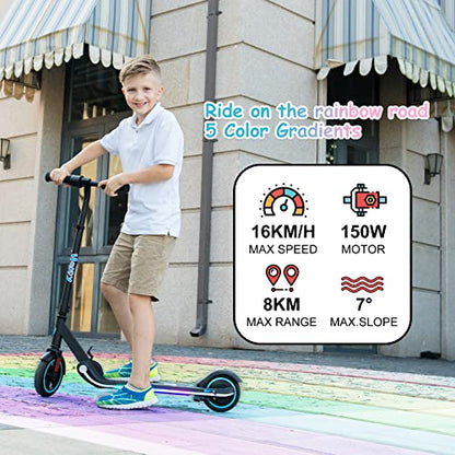 RCB Electric Scooter for Kids, 150W Motor - Max 9.3mph - Bluetooth Speaker - Colorful LED Lights - Foldable - LED Display,Kids E Scooter for Age 6-12