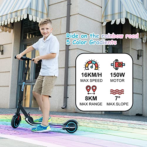 RCB Electric Scooter for Kids, 150W Motor - Max 9.3mph - Bluetooth Speaker - Colorful LED Lights - Foldable - LED Display,Kids E Scooter for Age 6-12