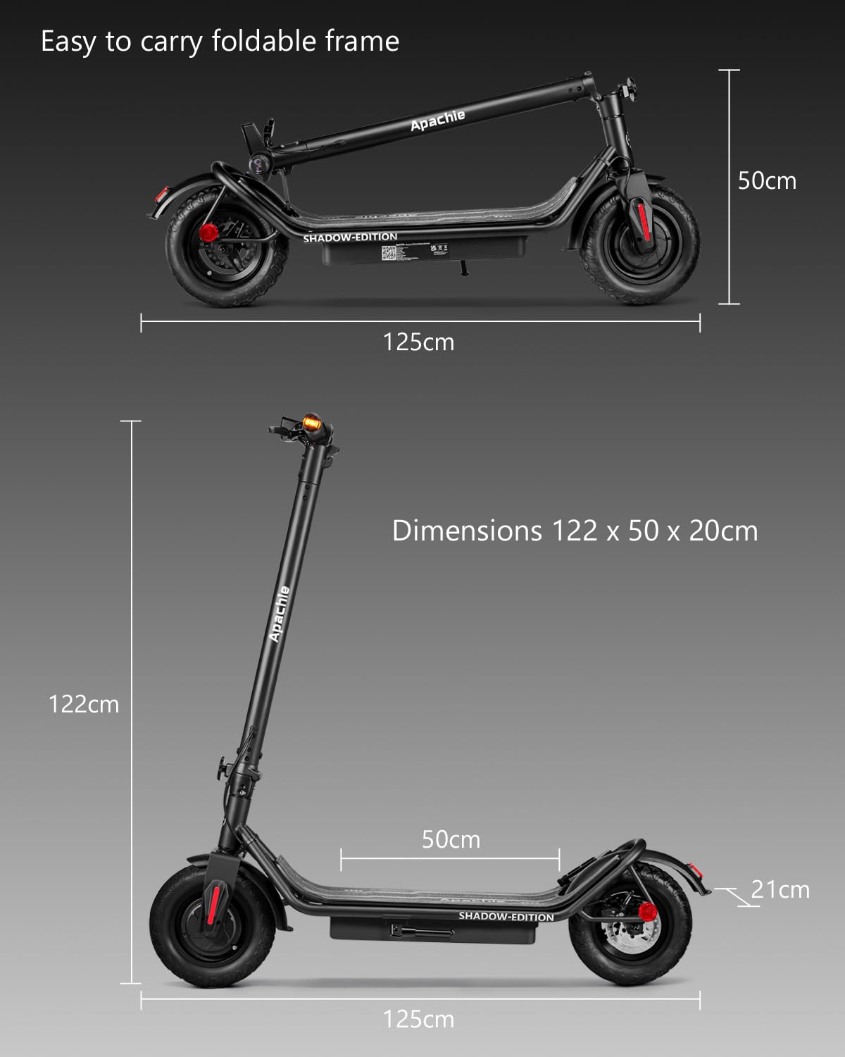 Apachie Shadow Edition Adults Electric Scooter, 500W Motor, 10.5 inch Wheels, E-Scooter, 12.5AH Lithium Battery, 3 Speed Modes, 45km Long Range, Dual Braking System, APP Control, Bluetooth …