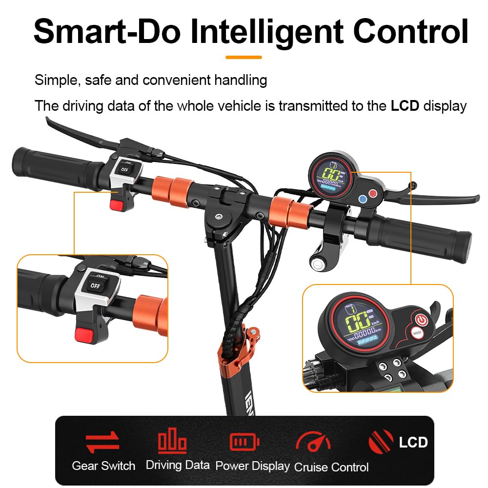 Ealirie 16Ah Large Battery Electric Scooter 10'' Fat Tire for Adults Teens, Triple Shocking Proof, 500W Motor, 40-50KM Range, Max Speed 25KM/H, Folding Scooter, 3 Speed Modes, LCD Screen yd-m4pros+