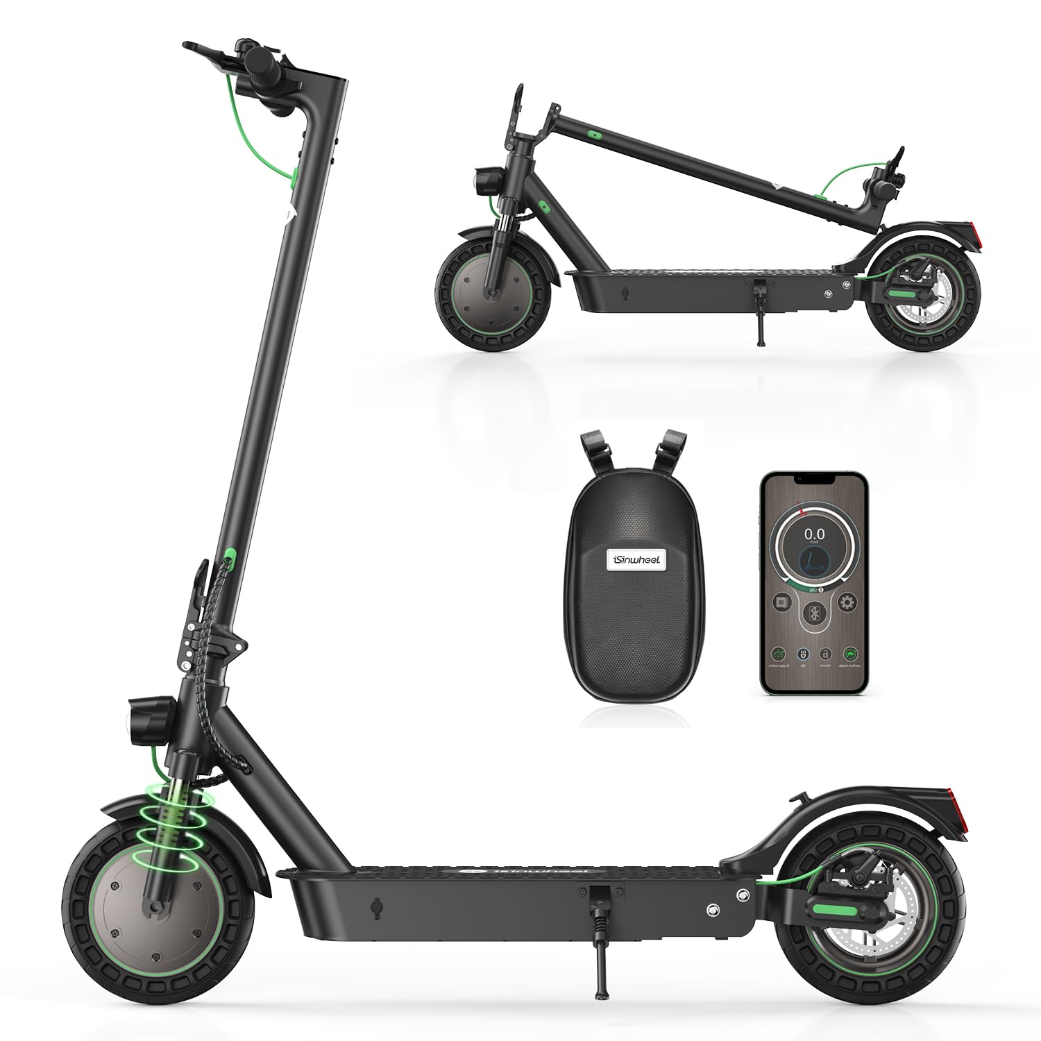 isinwheel S9MAX Electric Scooter, 500W Motor Peak 8OO Electric Scooters Adult with Bag, 10” Solid Honeycomb Tire E Scooter, 40km Long Range, 3 Speed Modes with App Control, Doual Braking System