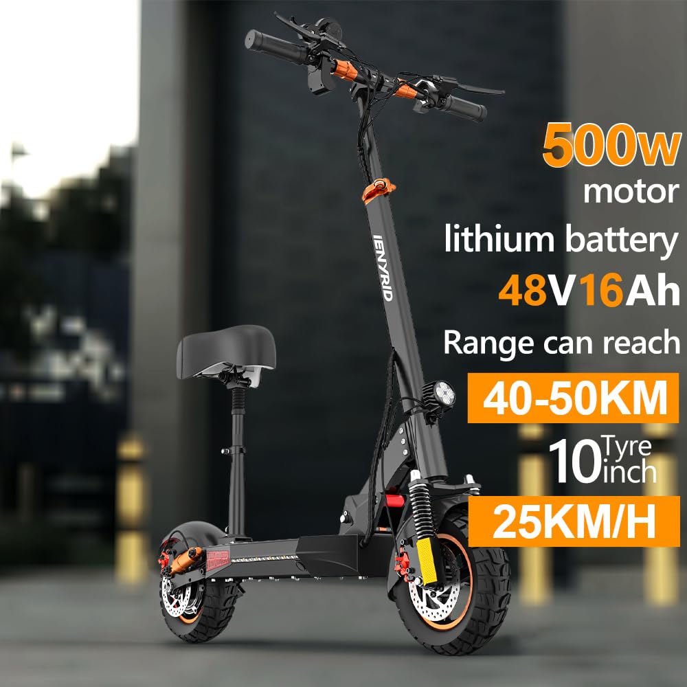 Ealirie 16Ah Large Battery Electric Scooter 10'' Fat Tire for Adults Teens, Triple Shocking Proof, 500W Motor, 40-50KM Range, Max Speed 25KM/H, Folding Scooter, 3 Speed Modes, LCD Screen yd-m4pros+