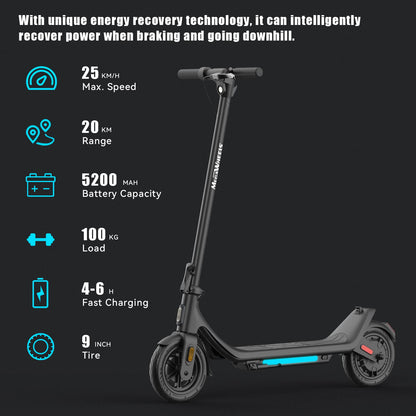 M MEGAWHEELS Electric Scooter Adult, 9" Tires, 25km/h Max Speed with 3 Speed Modes, Up to 20km Range, Double Braking System and App
