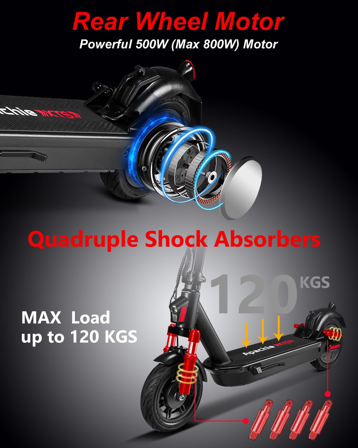 Apachie XTS Adult Electric Scooter, 500W Powerful Motor, 45km Long Range, Quadruple Shock Absorbing Suspension, 10 Inch Wheels, APP Control, Dual Braking System, Bluetooth Connectivity