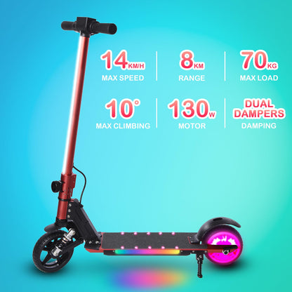 E-RIDES Electric Scooter,6.5'' Foldable Electric Scooter,Colorful Lights Kids Electric Scooters Max 8Mph,3-5 Miles of Range,Electric Scooter Kids LED Display,Shock Absorbing Comfort E Scooter (RED)