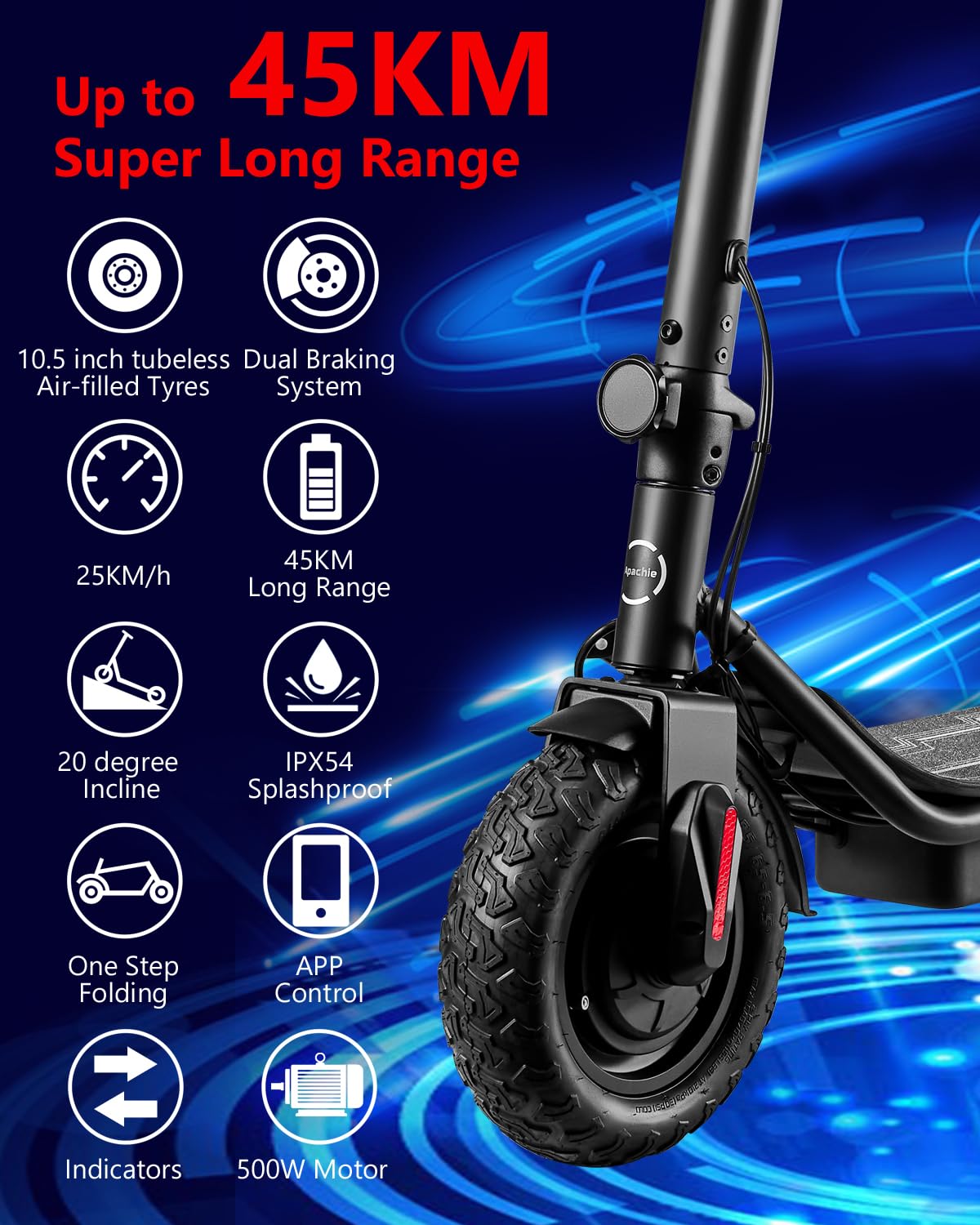 Apachie Shadow Edition Adults Electric Scooter, 500W Motor, 10.5 inch Wheels, E-Scooter, 12.5AH Lithium Battery, 3 Speed Modes, 45km Long Range, Dual Braking System, APP Control, Bluetooth …