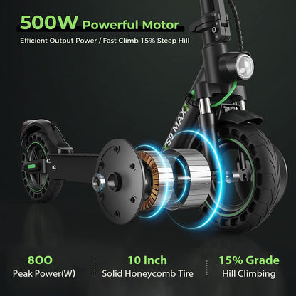 isinwheel S9MAX Electric Scooter, 500W Motor Peak 8OO Electric Scooters Adult with Bag, 10” Solid Honeycomb Tire E Scooter, 40km Long Range, 3 Speed Modes with App Control, Doual Braking System