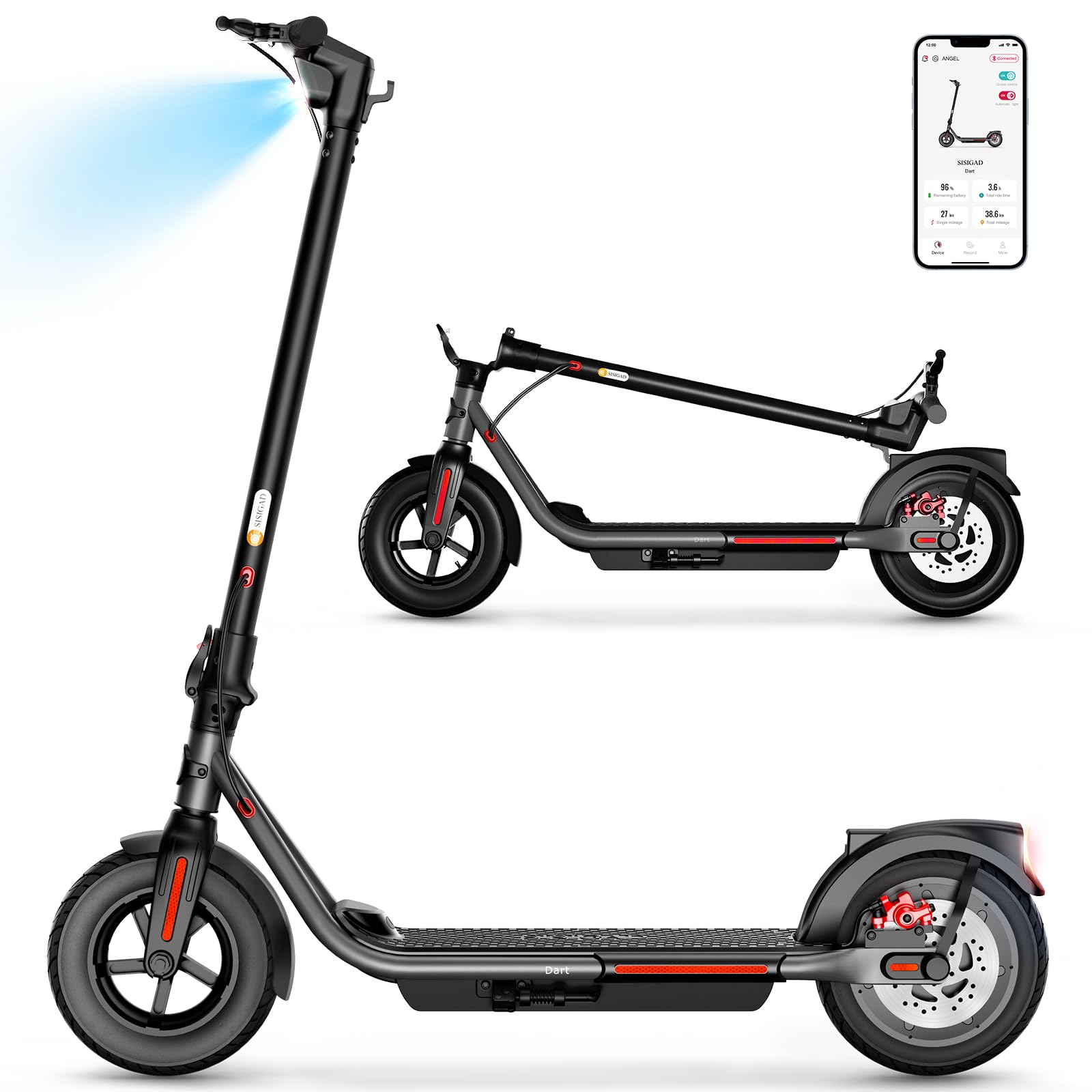 SISIGAD Electric Scooter for Adult,10 inches Solid Tires,32km Long Range,500W Peak Motor 3 Speed, Portable and Foldable Scooter Electric, Electric scooter for Teens Commuting with App Control