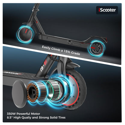 IScooter Electric Scooter, i9 Electric Scooter Adults, 8.5”Solid Tires, 30km Range, 3 Speed Mode, Foldable Electric Scooters with APP, Double Braking System for Adults and Teens