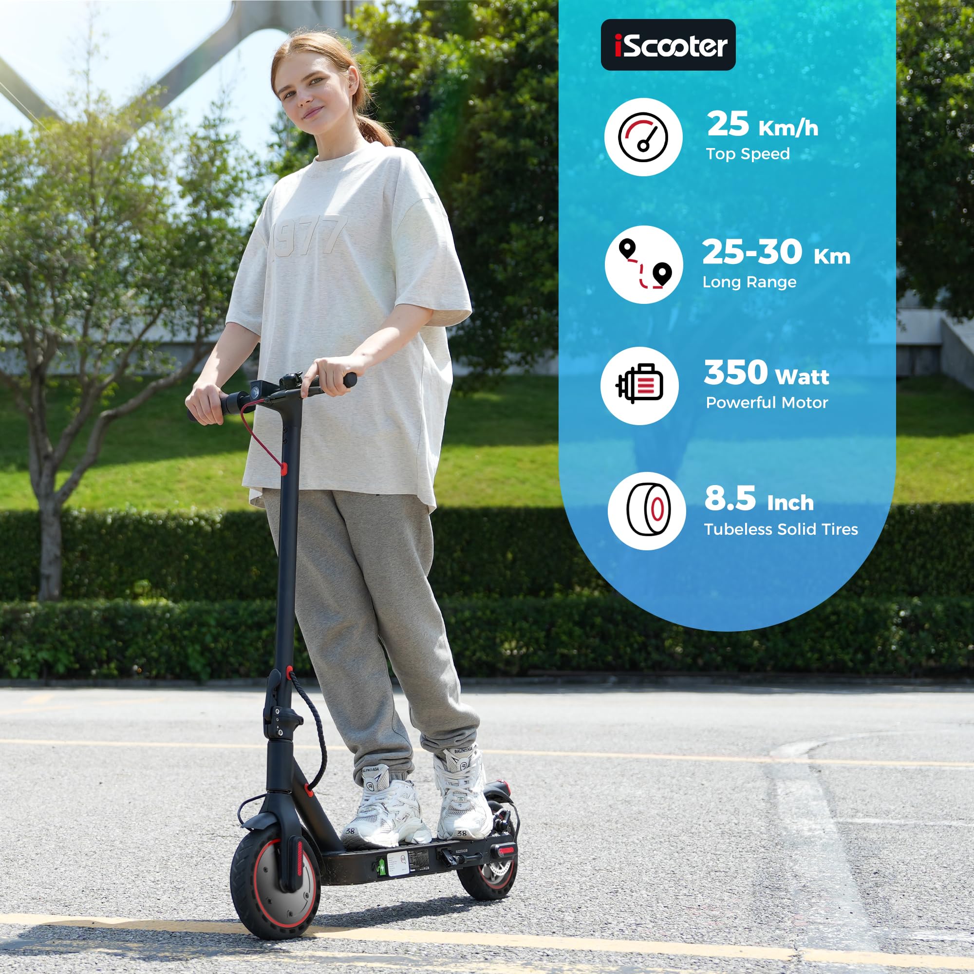 IScooter Electric Scooter, i9 Electric Scooter Adults, 8.5”Solid Tires, 30km Range, 3 Speed Mode, Foldable Electric Scooters with APP, Double Braking System for Adults and Teens
